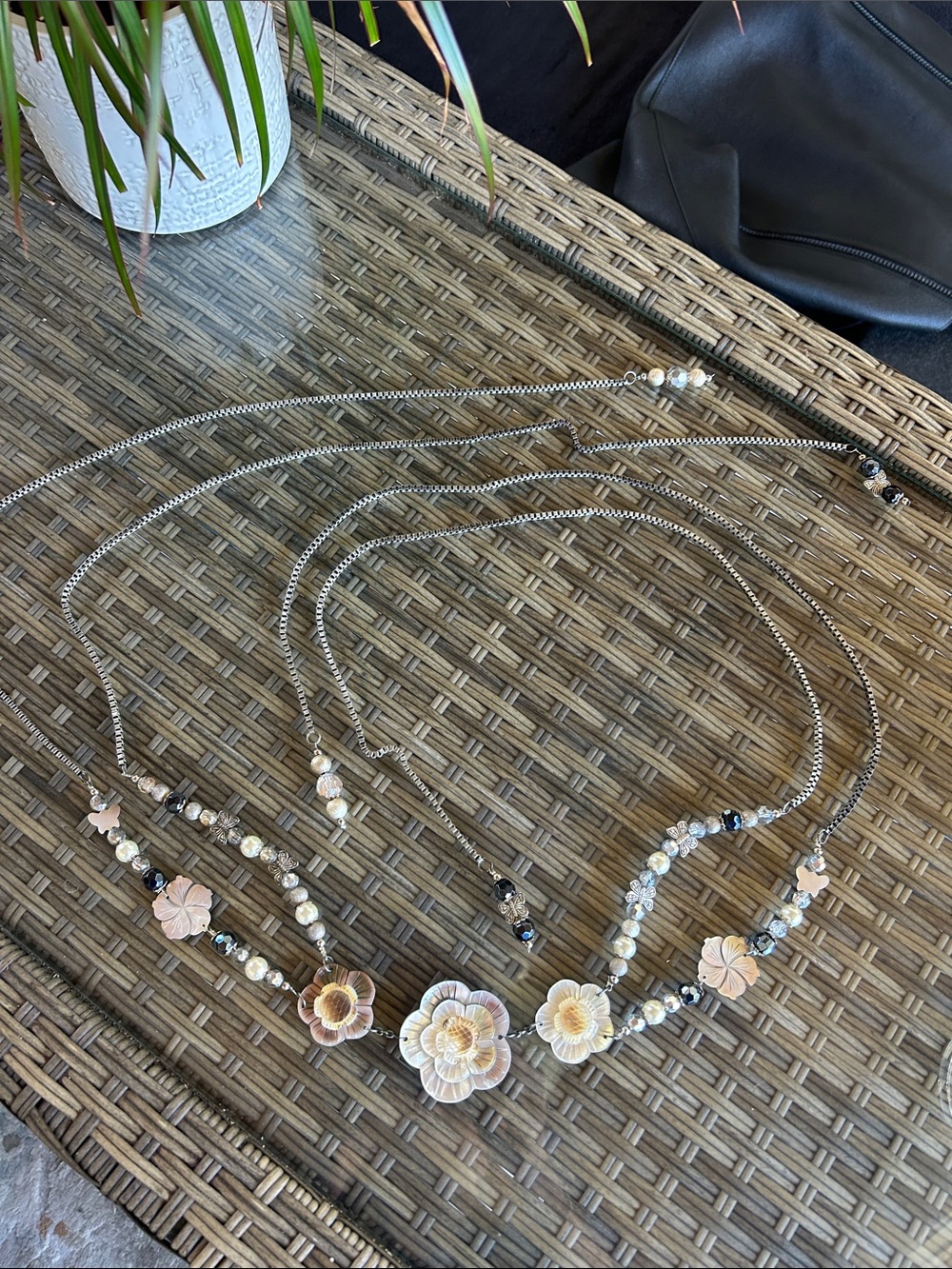 Striking Silver-tone Floral Necklace with Mother of Pearl Accents